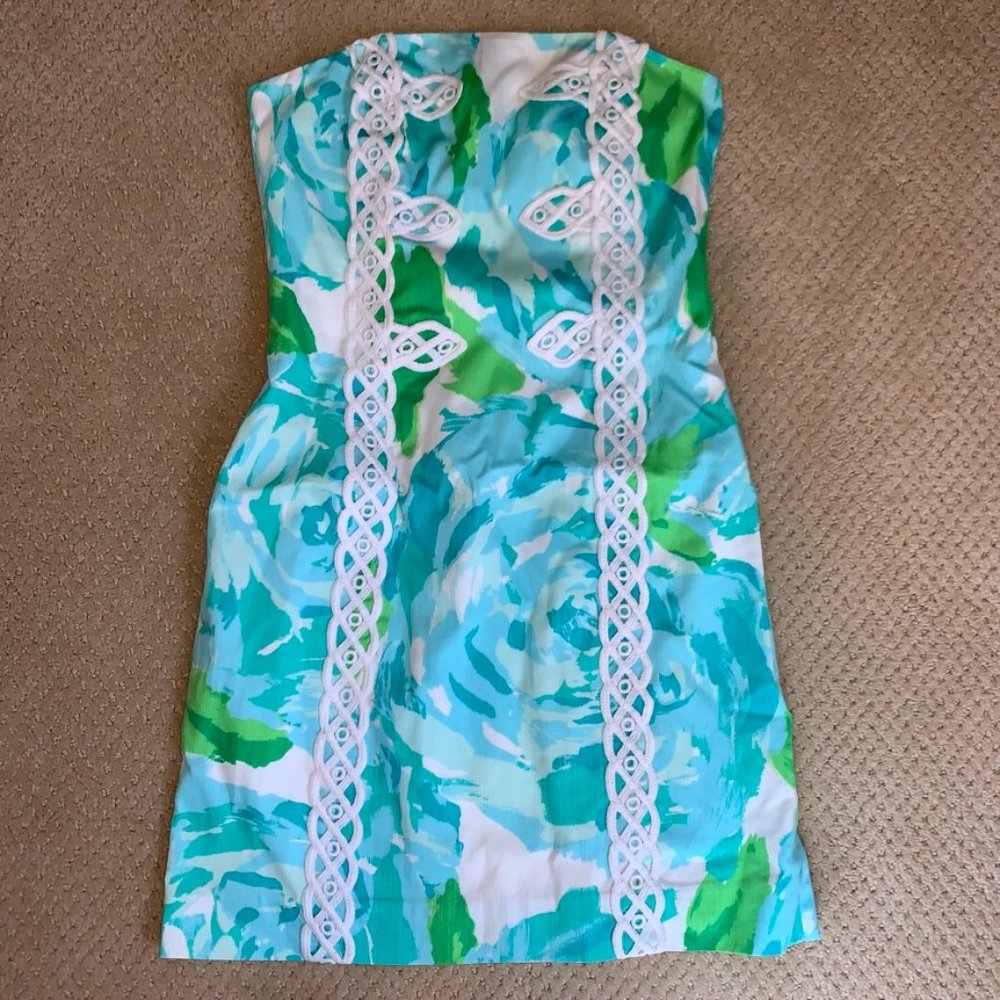 Lilly Pulitzer First Impressions Blue Green Rose Strapless Dress